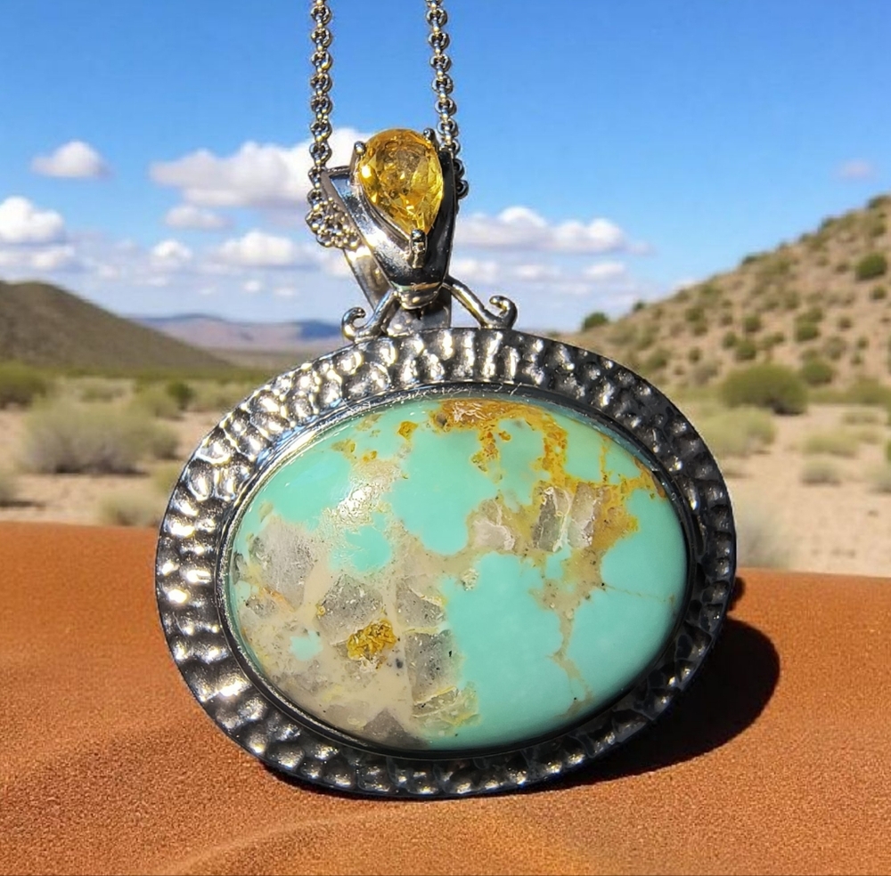 Turquoise Mine #8 & Citrine Pendant Necklace In Textured Sterling Silver